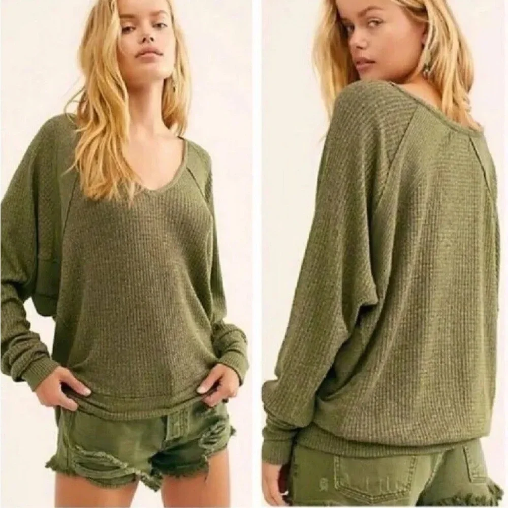 Free People Santa‎ Clara Thermal BOHO Long Sleeve V-Neck Shirt Top Ferngully NWT